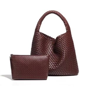 Woven Vegan Leather Hobo Bag with Zip Pouch - Brown
